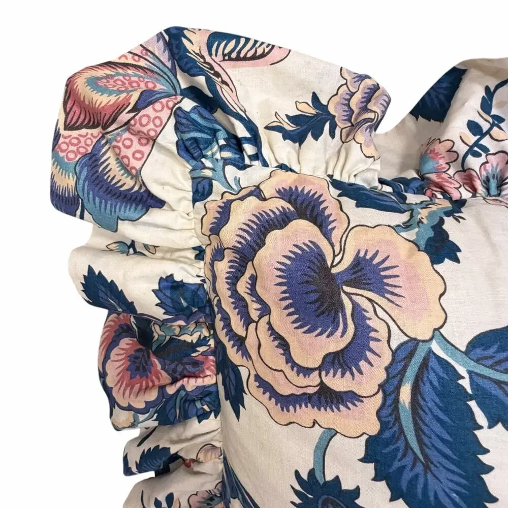 Waverly Floral Ruffle Pillow Jacobean Blue Chintz Grandmillennial Cottagecore